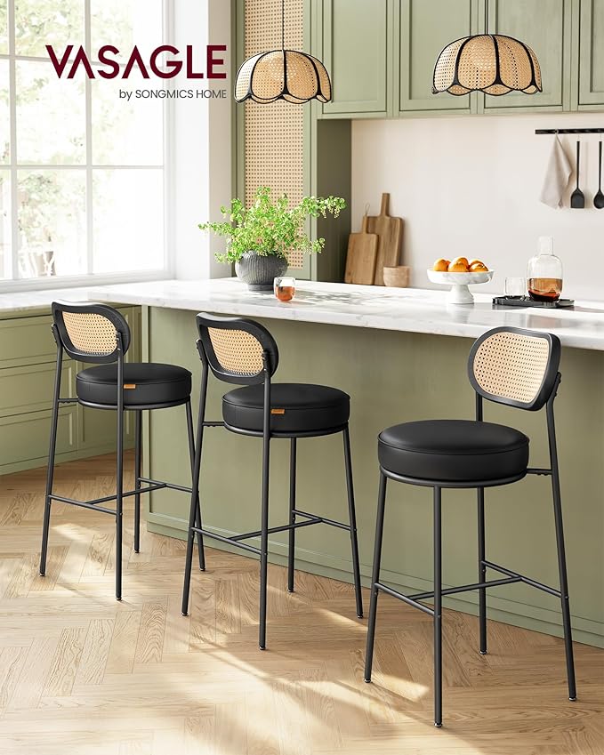VASAGLE Bar Stools Set of 2, Bar Height Stools with Rattan Back and Metal Legs, 30.1-Inch Tall Counter Chairs, Modern Leather Upholstered Barstools for Kitchen Island Dining Room, Ink Black