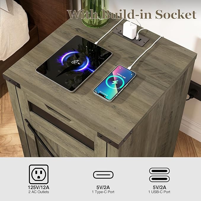 Farmhouse End Table Set of 2 with Charging Station, 26.4" Tall Rustic Nightstand with Drawer and X Barn Door, Country Bedside Sofa Side Table for Living Room, Grey
