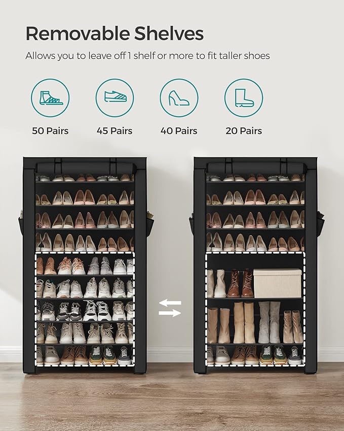 SONGMICS Shoe Rack with Non-Woven Fabric Cover, 9 Tier Storage Shelf for 40-50 Pairs of Shoes, Entryway, Suitable for Sneakers, High Heels, Flats, and Boots, Black URXJ36HV1