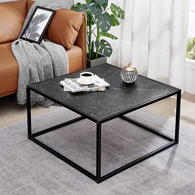 SAYGOER Black Coffee Table Small Square Coffee Table Simple Modern Center Table for Living Room Home Office 27.6 * 27.6 * 15.7Inch Easy Assembly, Black Faux Marble