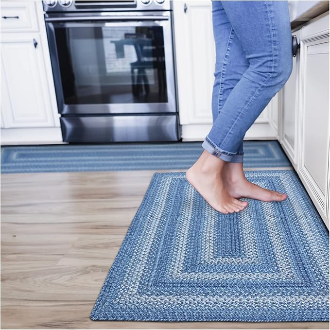 Homespice Denim Premium Jute Braided Area Rug, 22 x 72 Rectangular Hall Runner Blue - Navy - White, Natural Jute Yarn Rustic, Country, Primitive, Farmhouse Style - 30 Day Risk Free Purchase