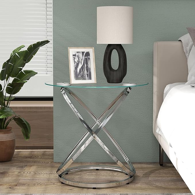 OIOG Glass Round End Table, Modern Contemporary Side Table for Small Space with Tempered Glass Tabletop for Living Room, Chrome Finish