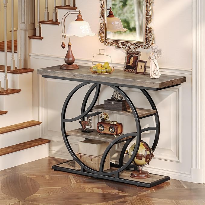 Huuger 41.3 Inch Entryway Table, Modern Console Sofa Table, Accent Table with Shelves, for Entry, Hallway, Entrance, Foyer, O-Shaped Metal Frame, Grey