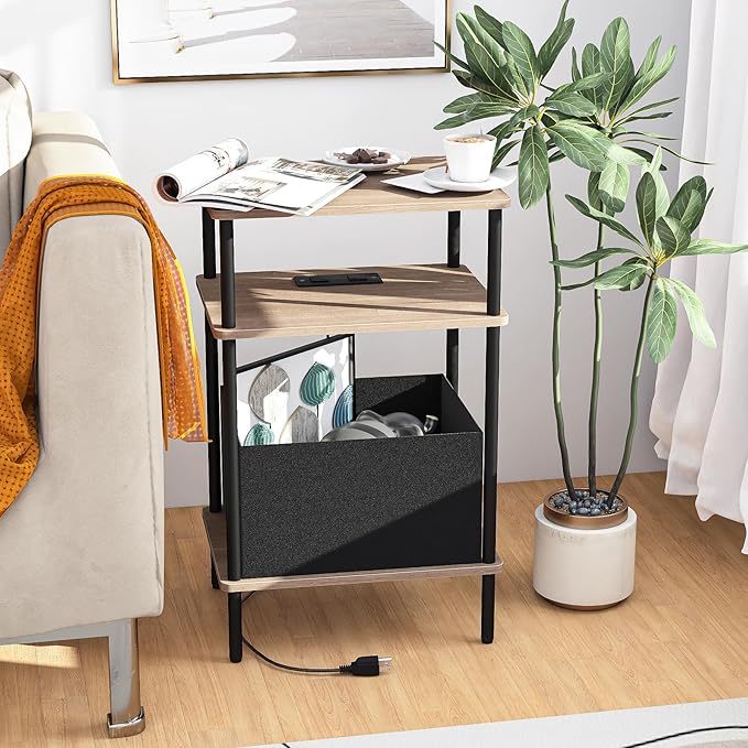 Small Side Table with Charging Station, End Table for Small Spaces, Slim Nightstand with Outlet,Sofa Beside Table, 3-Tier Storage Shelf,Living Room, Bed Room, Natrual Walnut