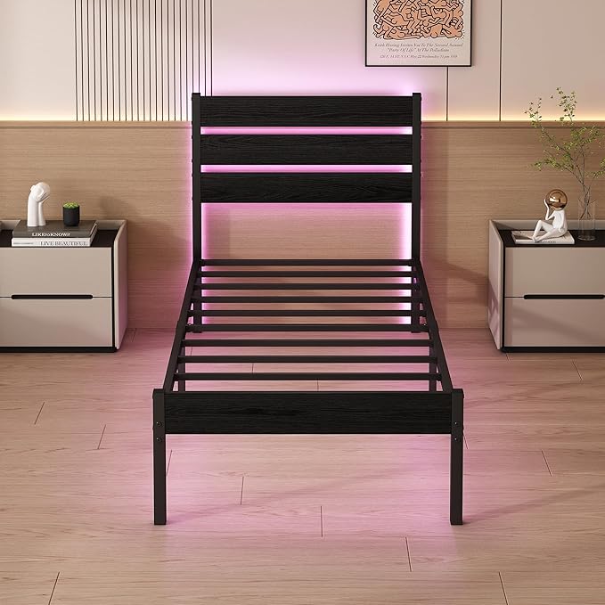 Twin Bed Frame with Headboard,Heavy Duty LED Bed Frame with USB Charging Station,Mattress Foundation-Under Bed Storage, No Box Spring Needed, Noise Free，Black