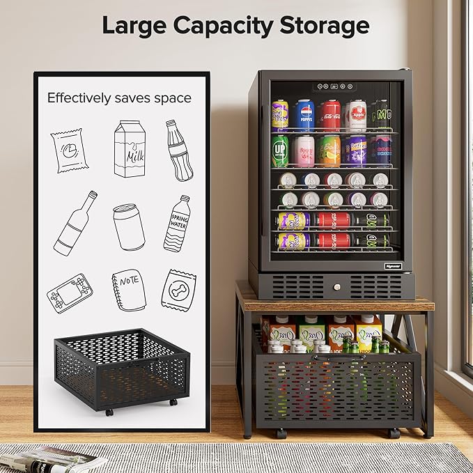 Urban Deco Mini Fridge Stand with Storage, Heavy Duty Fridge Cart with Drawer Basket, Mini Refrigerator Table for 220 LBS, Mobile Fridge Stand with Swivel Wheels for Dorm,Office,Home, Retro Brown