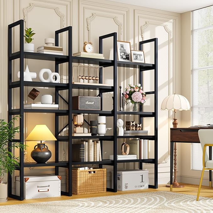 Semoic Large Bookshelf 5 Tiers, Triple Wide Geometric Bookcase, 71 Inches Tall Industrial Book Shelves Etagere Book Case, Sturdy Metal Frame, Freestanding Display Shelving Unit (Black)