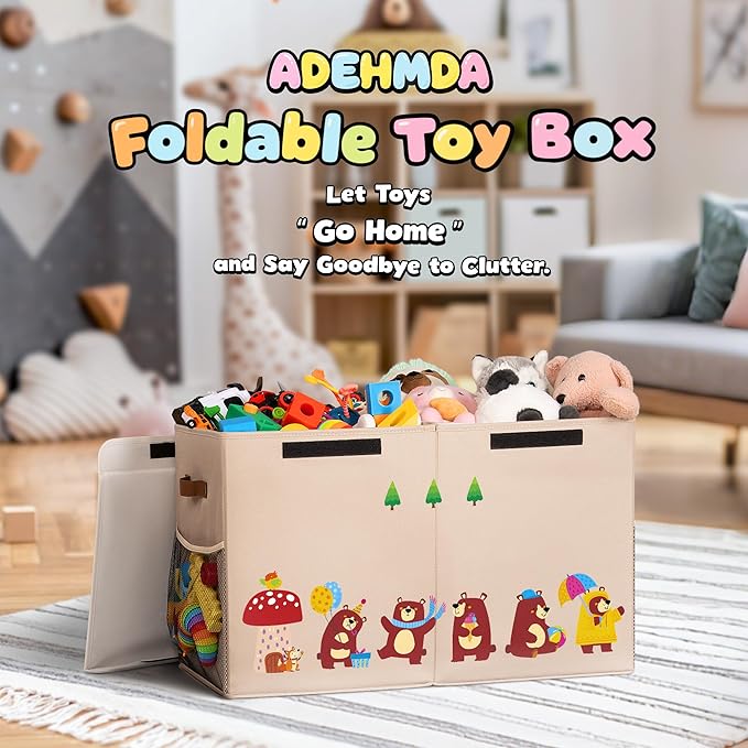 80L Large Toy Storage Box with Lid, Large Toy Box Chest for Kids, Girls and Boys, Nursery Room and Living Room, 26"x13" x16" (Dark Khaki-bear)