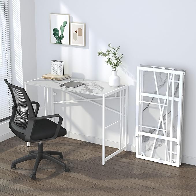 Folding Computer Desk 40 inch Writing Gaming Computer Camping Desk, No Assembly Required Home Office Table, White Marble