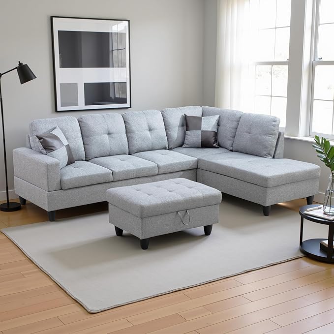 Couches for Living Room Modern L Shaped Couch Comfy Linen Fabric 3 Pieces Sectional Sofa with Chaise, Ottoman with Storage for Office and Small Apartment, Grey