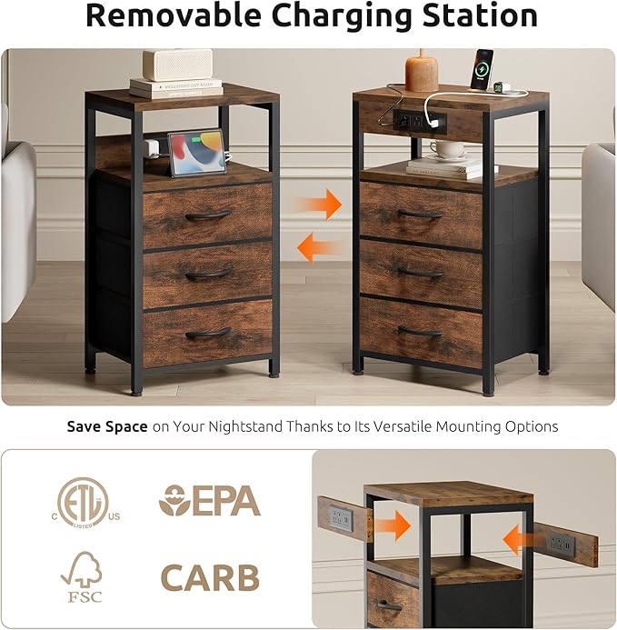 NightStand Bedside Charging Table Bedroom - Night Stand with Charger Station, Modern Nightstand with Open Shelf & 3 Fabric Drawers, Bed Side Table USB-C USB Ports & AC Outlets for Dorm Living Room