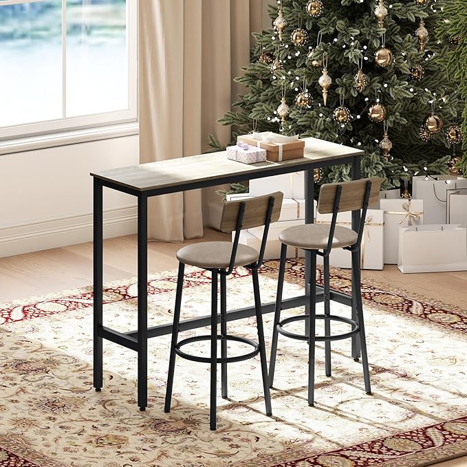 Dining Table Set for 2, 3-Piece Bar Table and Chairs Set, Kitchen Table and Chairs, High Top Table with 2 PU Upholstered Stools, Space-Saving Pub Table Sets for Small Space, Gray