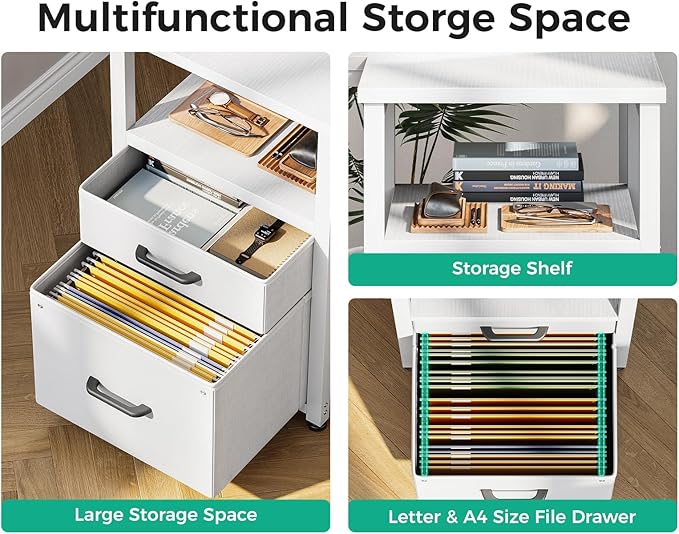 Coleshome L Shaped Computer Desk with 6 Drawers & Power Outlet, 55 Inch Corner Desk with Reversible Storage Shelf & File Drawer, Home Office Desk, White
