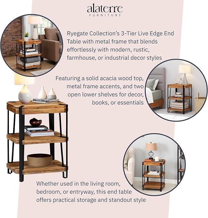 Ryegate 3-Tier End Table with Storage “ Live Edge Solid Acacia Wood Side Table with Industrial Metal Frame and 2 Open Lower Shelves for Living Room, Bedroom, Entryway by Alaterre Furniture