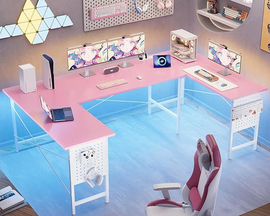 Pamray 71 Inch Large Computer Desk with Power Outlets,U Shaped Corner Desk for Home Office Work and Gaming Pink