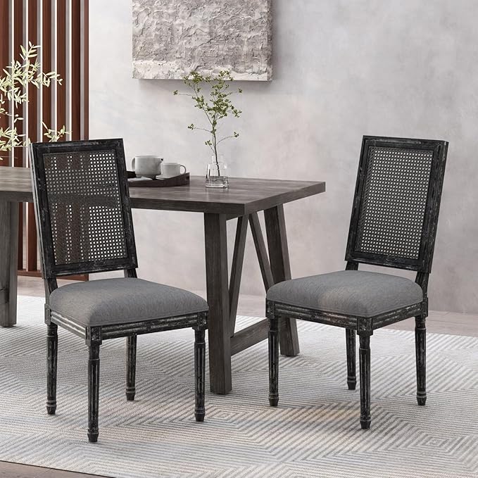 Merax Upholstered Solid Wood Dining Chairs Set of 2, French Country Style Accent Side Seating Furniture for Kitchen, Living Room, Wicker Back, Grey