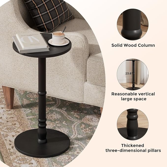 Round Side Table, Solid Wood Pillar with Wood Top & Base, Small Drink Accent Table for Living Room, Bedroom, Sofa & Office, Easy Assembly, Black