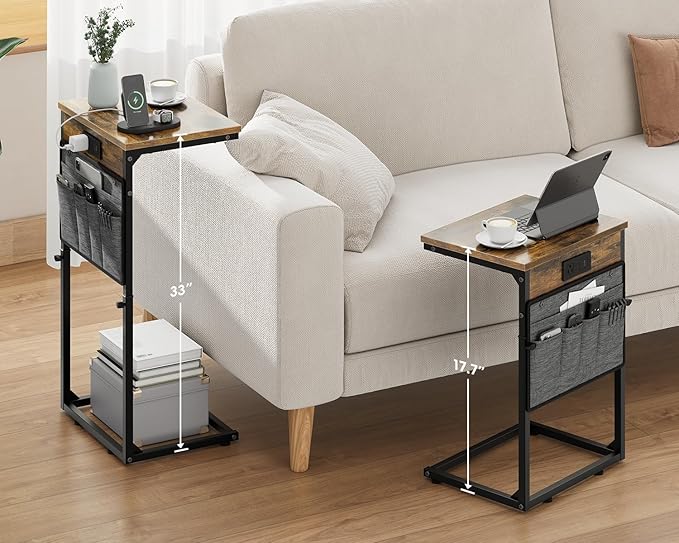 Vagusicc C Shaped End Table with Charging Station, 33" Tall Side Table for Couch, Sofa Table Adjustable Height Small Couch Side C Table, Slide Under Sofa Tray Arm Table for Living Room, Bedroom, Brown