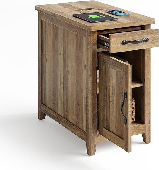 LINSY HOME End Table Set of 2 with Charging Station, Modern Farmhouse Sofa Couch Side Table, Wooden Bedside Table for Living Room Bedroom, Narrow Nightstand with Storage for Small Space, Brown