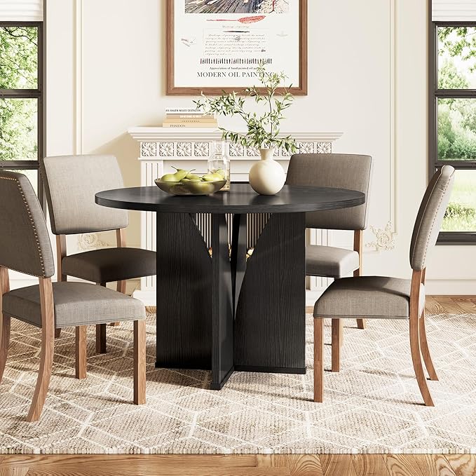 LITTLE TREE 39-Inch Dining Table for 4, Rustic Kitchen Table, Round Dining Table with X-Shaped Stable Pedestal, Farmhouse Dinner Table for Dining Room, Living Room, Black
