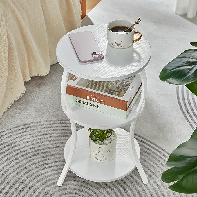 Vintage Small Round Side Table, 3-Tier Slim Waist Circular End Table with Storage Shelf, Compact Tea Sofa Table, Round Corner Coffee Table Nightstand for Living Room Bedroom Small Spaces,White