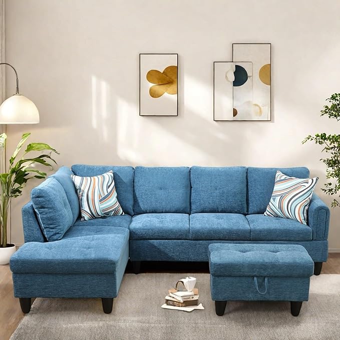 Sectional Couch with Ottoman Storage, L Shaped Couch Sofa Furniture Sets, Modern Modular Comfy Sofa for Living Room Bedroom, Blue