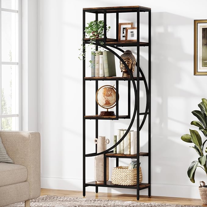 Geometric Bookshelf, 70.9" Tall Bookcase with 7-Shelf Open Shelves, Wood Metal Book Shelf Display Rack Storage Shelving Unit for Office, Bedroom, Living Room, Easy Assembly, Rustic Brown