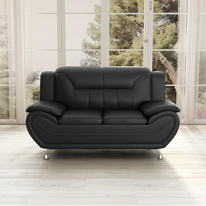 Container Furniture Direct Michael Modern Faux Leather Upholstered Stainless Steel Legs Living Room, Chair, Loveseat, Sofa, Soft Beige/Black