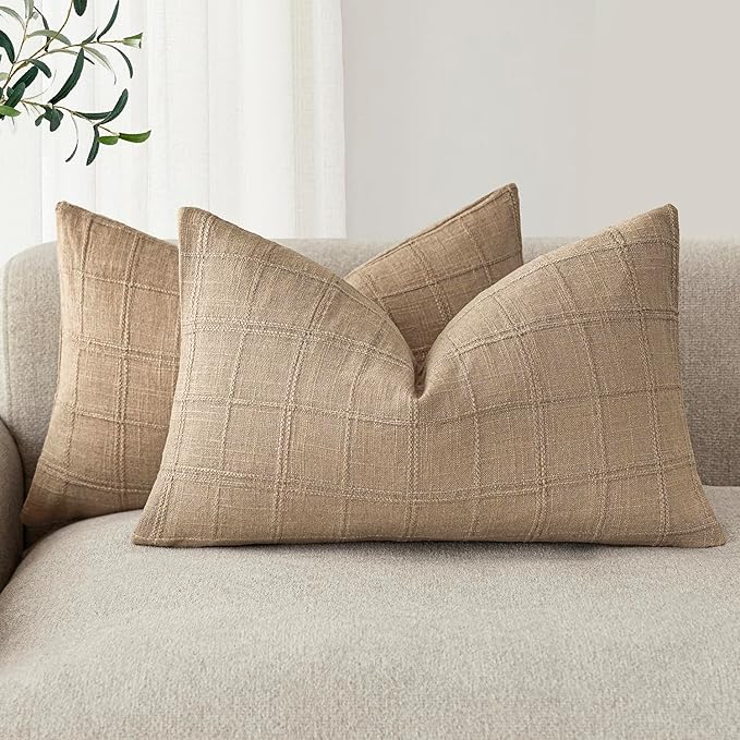 Foindtower Set of 2 Decorative Linen Check Throw Pillow Covers Neutral Farmhouse Lumbar Cushion Covers Modern Coastal Boho Home Decor for Sofa Chair Couch Bedroom Living Room Outdoor,12×20 Inch,Camel