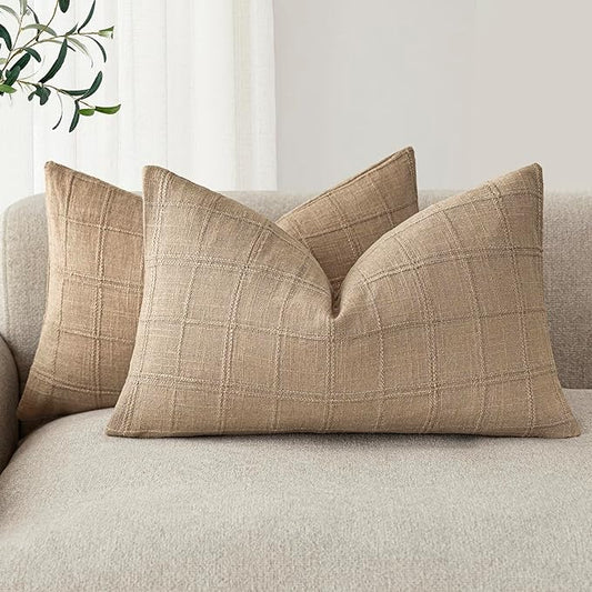 Foindtower Set of 2 Decorative Linen Check Throw Pillow Covers Neutral Farmhouse Lumbar Cushion Covers Modern Coastal Boho Home Decor for Sofa Chair Couch Bedroom Living Room Outdoor,12×20 Inch,Camel