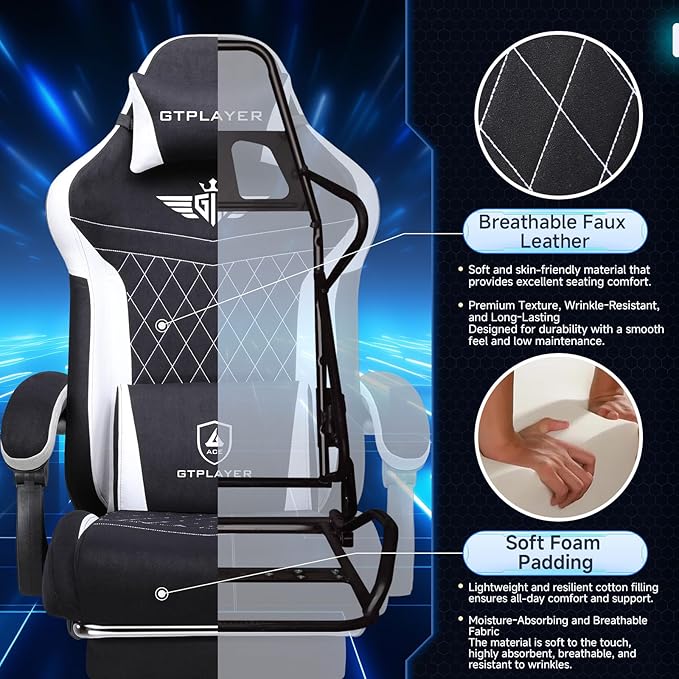 GTPLAYER Gaming Chair, Video Game Chairs with Footrest and Lumbar Support, Computer Chair for Adults with Extended Backrest, Ergonomic Reclining Silla Gamer, Fabric, Black