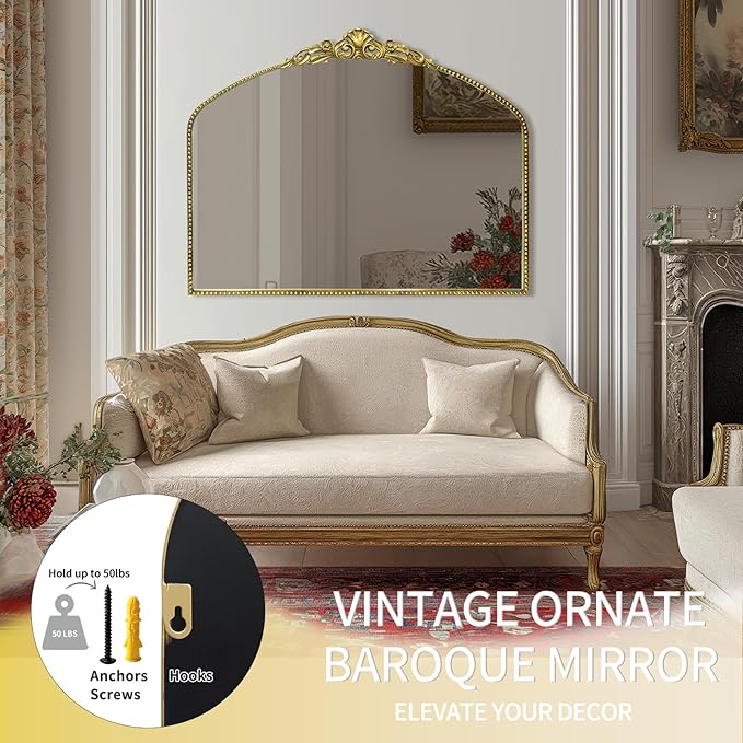 G-LEAF Vintage Baroque Mirror 40"X30",Victorian Antique Mirror, Farmhouse Mantel Mirror with Black Brush Gold Ornate Metal Frame for Fireplace Entryway Living Room Hallway Bathroom