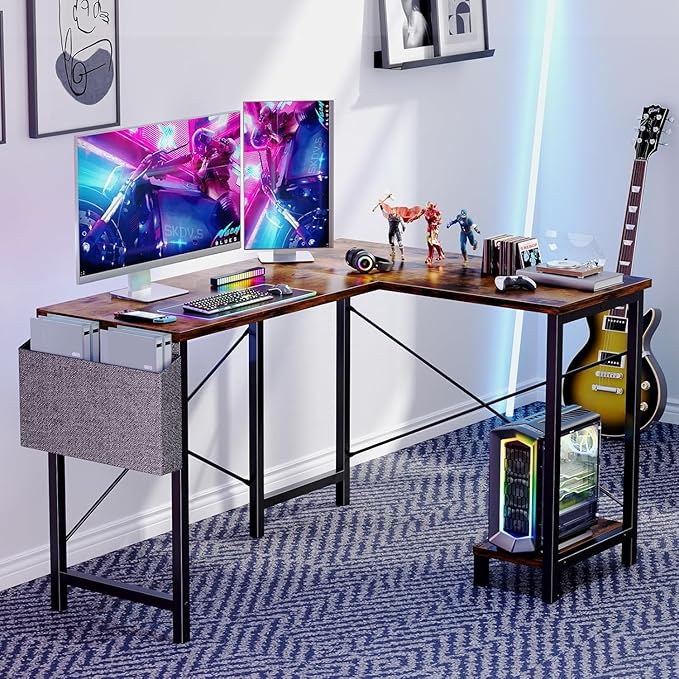 Whitmor L Shaped Gaming Desk - 50 Inch Reversible Corner Computer Desk with Wood Top, Metal Frame, CPU Stand & Side Bag, Home Office Dorm Sturdy Writing Workstation, Brown