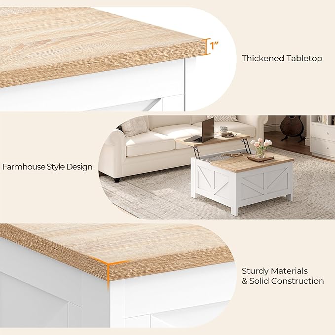 Yaheetech Farmhouse Lift Top Coffee Table with Storage, Square Coffee Table for Living Room, 31.5 Inches Center Tables with Large Hidden Storage Compartment for Home Office, White & Light Oak