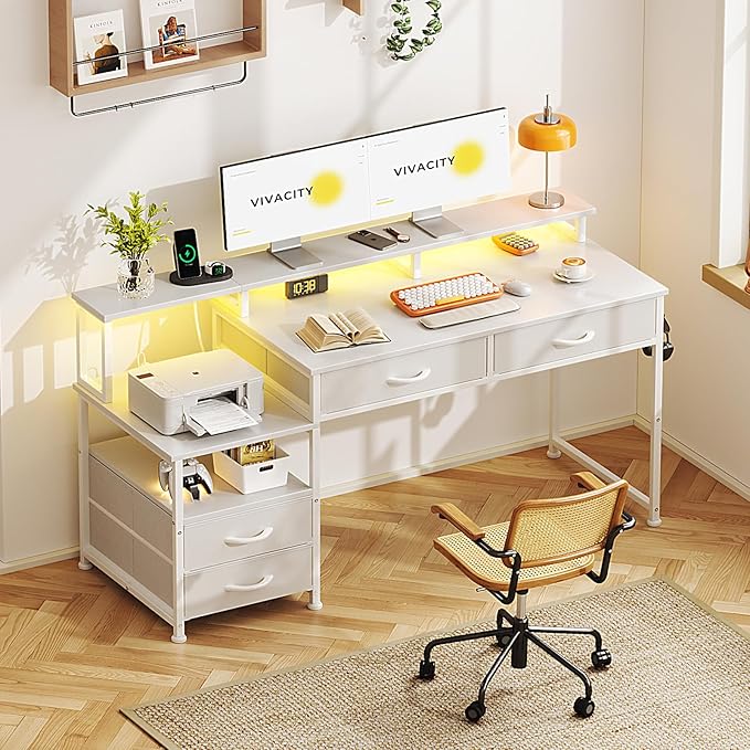 53" Computer Desk with 4 Drawers & Power Outlets, Reversible Home Office Desk with Monitor Stand & Printer Stand, Gaming Desk with Led Lights, Study Writing Work Desk Table for Bedroom (White)
