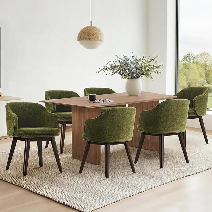 Wooden Dining Chairs Set of 2, Fabric Upholstered Modern Dining Room Chairs with Barrel Backrest & Double-Layer Thick Cushion for Living Room, Restaurant, Kitchen and Café, Green