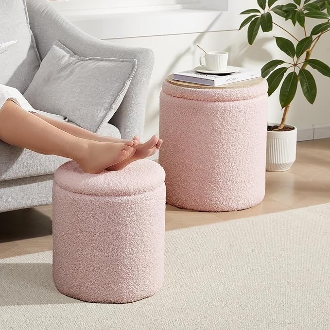 Boucle Round Ottoman with Storage Set of 2,Small Foot Stool Ottoman for Living Room, Small Coffee Table,Vanity Stool with Storage for Bedroom, Pink