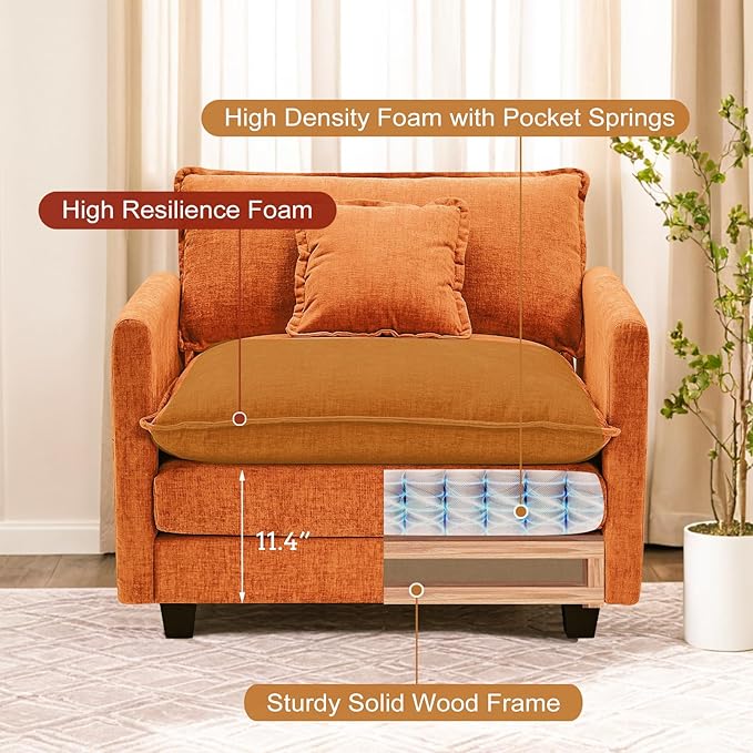 Furniliving Oversized Accent Chair with Ottoman, Luxury Chenille Single Sofa, Upholstered Deep Seat Chaise Lounge with Pillows for Living Room, Bedroom, Apartment, Orange