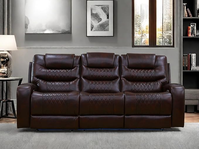 Leather Recliner Sofa Couch, 3-Seater Home Theater Seating Reclining Sofa, Power Reclining Couch with Cup Holders & Drop Down Table for Living Room Furniture Sets, Brown