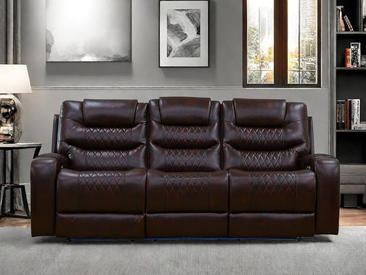 Leather Recliner Sofa Couch, 3-Seater Home Theater Seating Reclining Sofa, Power Reclining Couch with Cup Holders & Drop Down Table for Living Room Furniture Sets, Brown