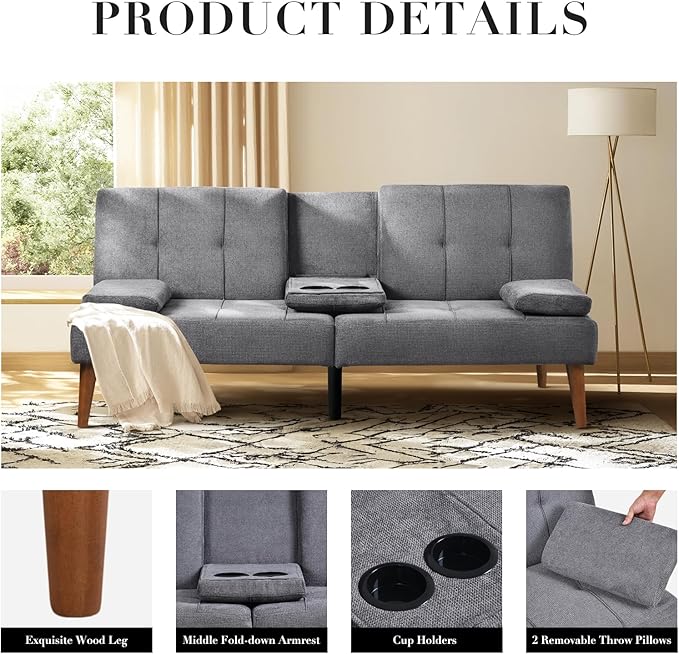 COLAMY Futon Sofa Bed-Fabric Small Couch, Small Lounge Convertible with 2 Cup Holders, Removable Soft Armrest, Adjustable Backrest for Dorm/Bedroom/College