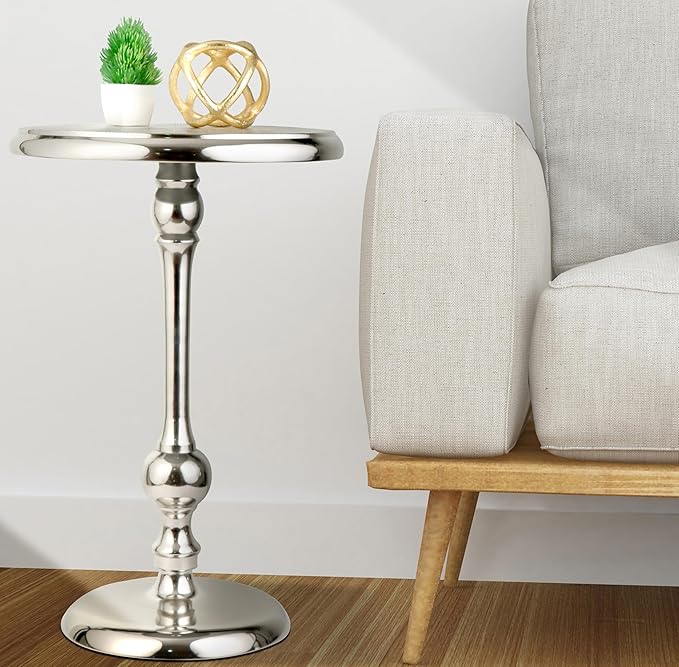 CLEENTABLE Pedestal Round Side Table- Lightweight Metal Table for Farmhouse,Indoor/Outdoor Nightstand for Living Room, Bedroom, Corners, Office - Modern Design, Easy Assembly 21" (Silver)