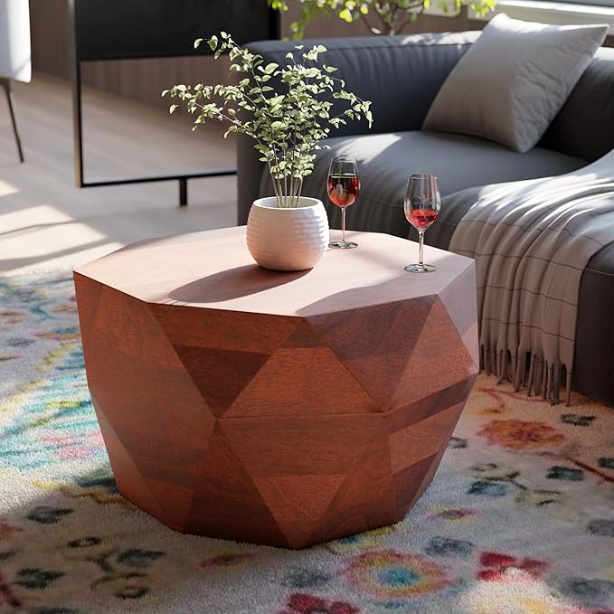 Octavian Coffee Table - Solid Wood Round Drum Center Table for Living Room with Geometric Faceted Design | Walnut Finish Accent Table, Modern Decor, Farmhouse Table | No Assembly Required (18 inch H)