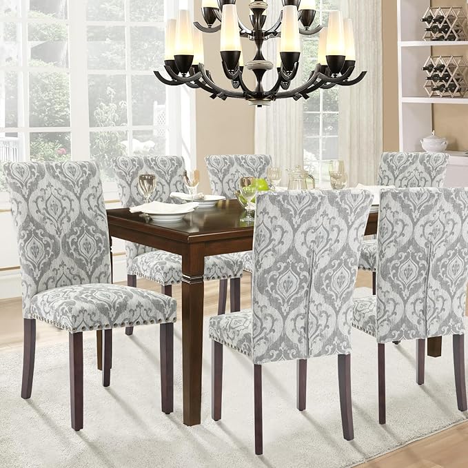 Parsons Dining Chairs Set of 2, Upholstered Nailhead Dining Room Kitchen Side Chair with Thick Cushions and Wood Legs, White/Grey