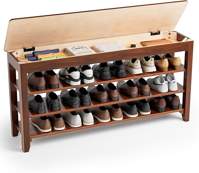 Shoe Storage Bench for Entryway - 4 Tier Shoe Rack for Front Door Entrance, Rubberwood Shoes Rack Height Adjustable, Entryway Bench with Shoes Storage for Any Room (Walnut, 47.2" W)