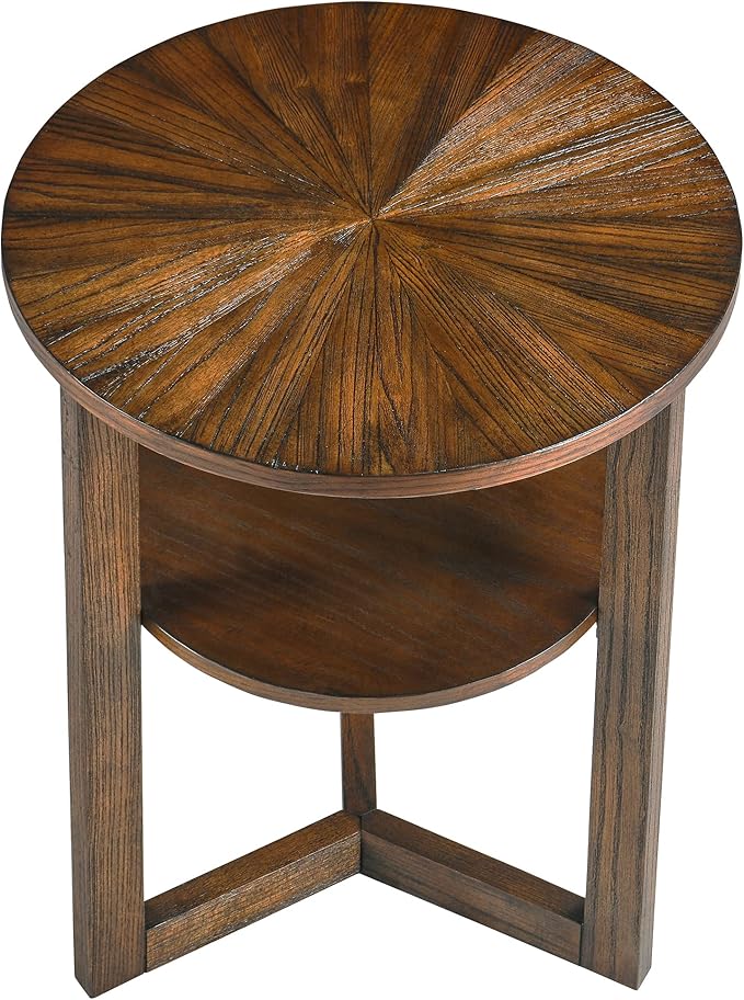 MODERION Round End Table, Rustic Side Table with Storage Shelf, Classic Circular Solid Wood Beside Table, 2-Tier Telephone Table, Nightstand, 24”H x 19.3”D for Living Room Vintage Brown BZ3338NC