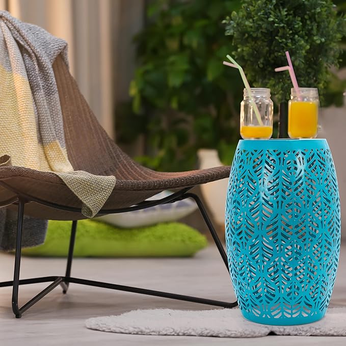 HPC Decor Outdoor Side Table - 18.3" Tall Iron Side Table with Waterproof Solar Powered Light, Cutout Blue End Table,Small Patio Side Table for Outside,Backyard, Pool, Indoor,Decorative Garden Stool.
