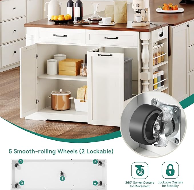 YITAHOME Americana Kitchen Island with Drop Leaf & Power Outlet, 47.6 inch Mobile Butcher Block Island Cart, Pull-Out Trash Can Storage, 3-Tier Spice Rack, White and Walnut