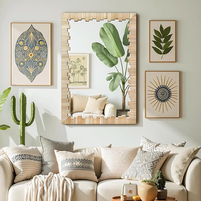 Boho Wall Mirror with Wood Frame, 30"x20" Faux Rattan Decorative Vanity Mirror for Bathroom, Living Room, Bedroom, Entryway(Rectangle)
