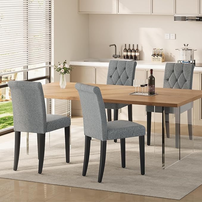 Upholstered Dining Chairs Set of 6, Button Tufted Parsons Dining Chair with Solid Wood Legs, Modern Fabric Side Chair for Dining Room/Kitchen/Restaurant/Hotel- Grey